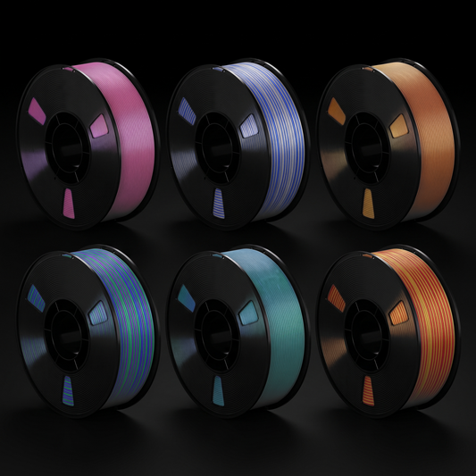 Shittament Silk PLA - example rolls: radial gradients and coextruded dual / tri colour, split per strand
