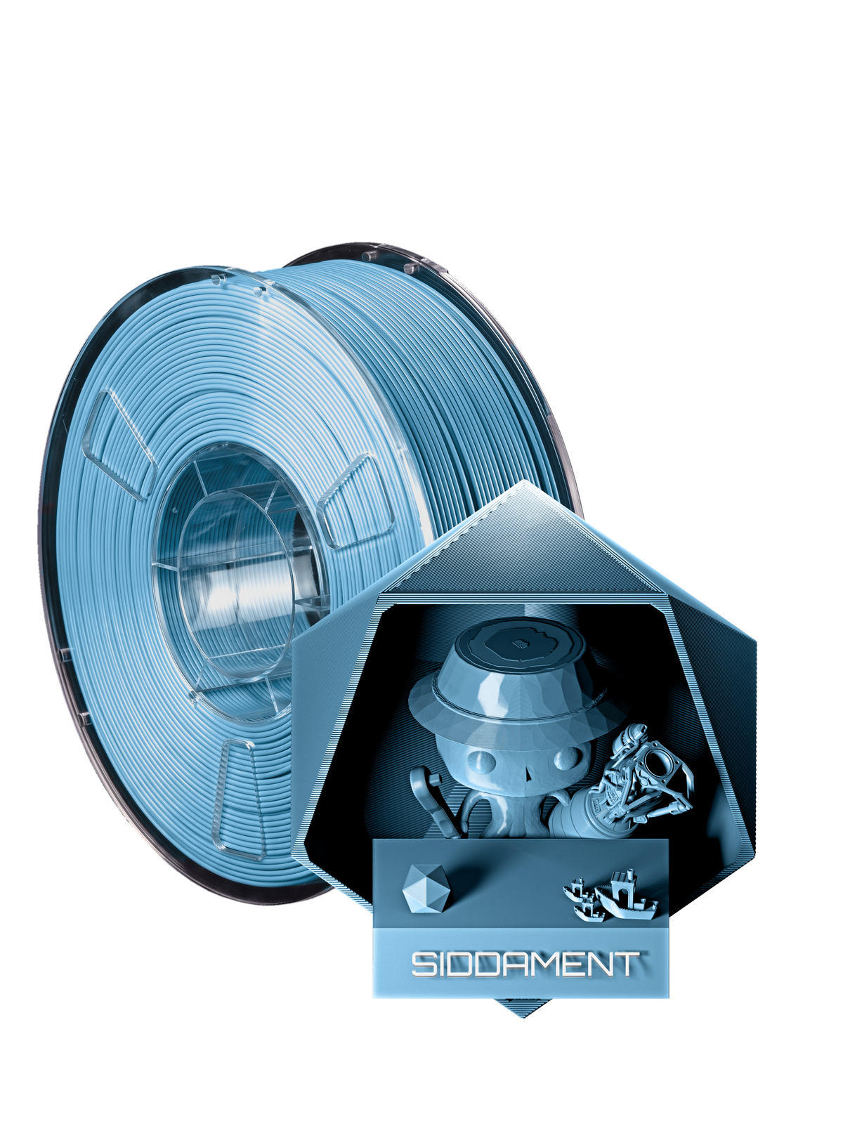 Sky Blue PLA - spool and printed parts, glossy render matched to #7DBBE0 [shot normal-pla-gloss-2026-10-16]