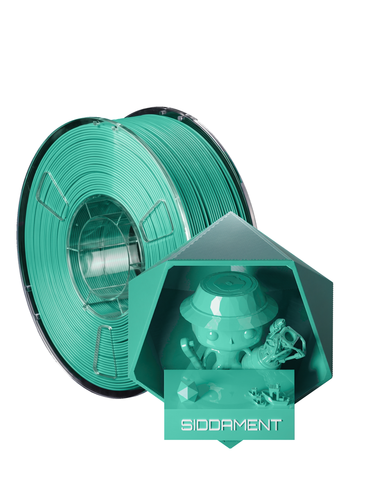 Soft Green PLA - spool and printed parts, glossy render matched to #5CCCB5 [shot normal-pla-gloss-2026-10-16]