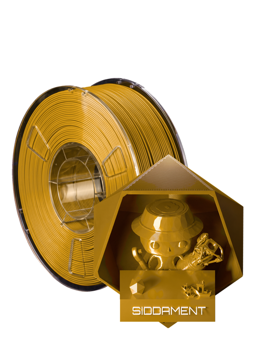 Solar Orange PLA - spool and printed parts, glossy render matched to #D59811 [shot normal-pla-gloss-2026-10-16]