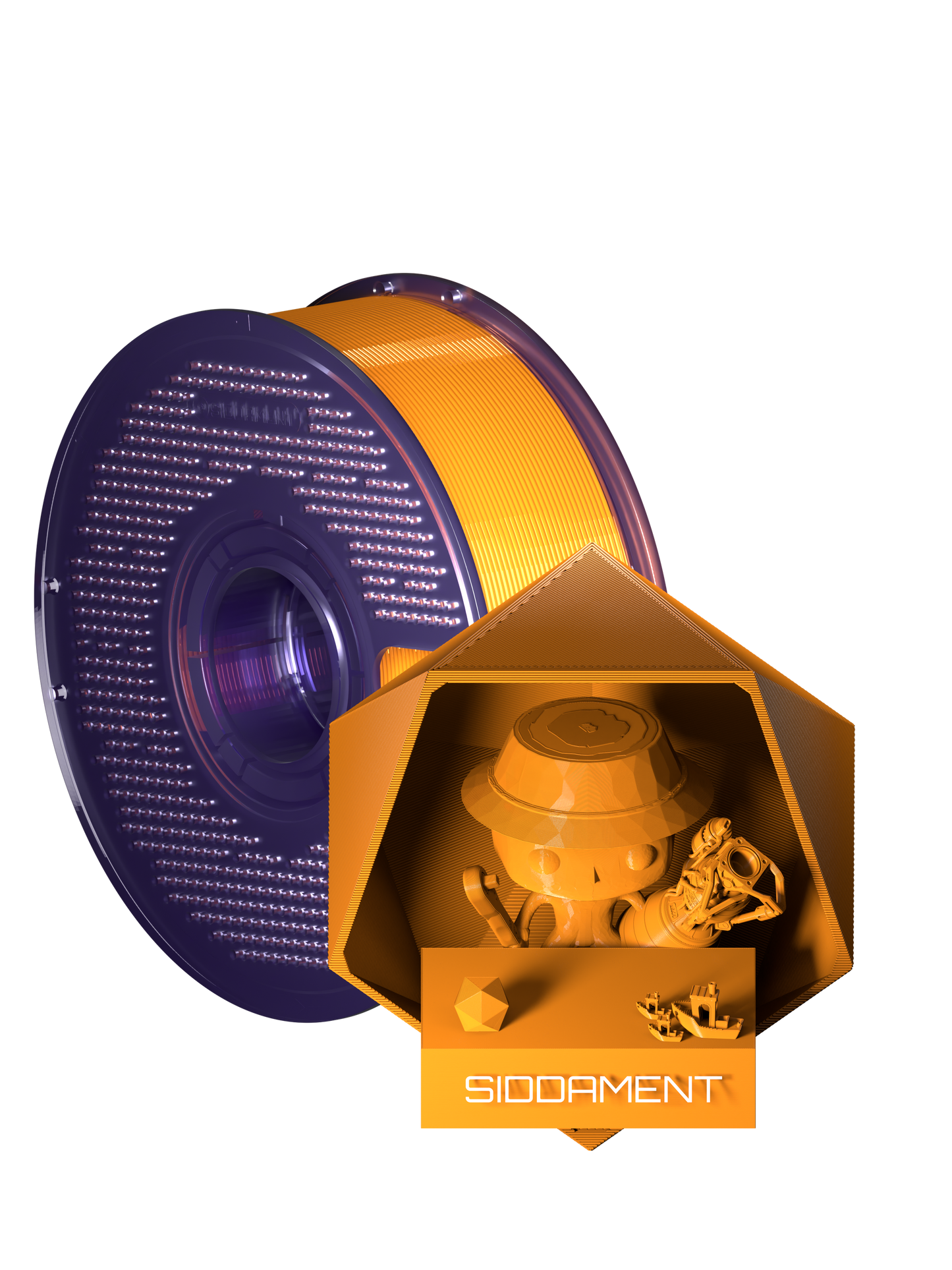 Stepped On Orange PCTG filament on a transparent purple SIDDAMENT spool