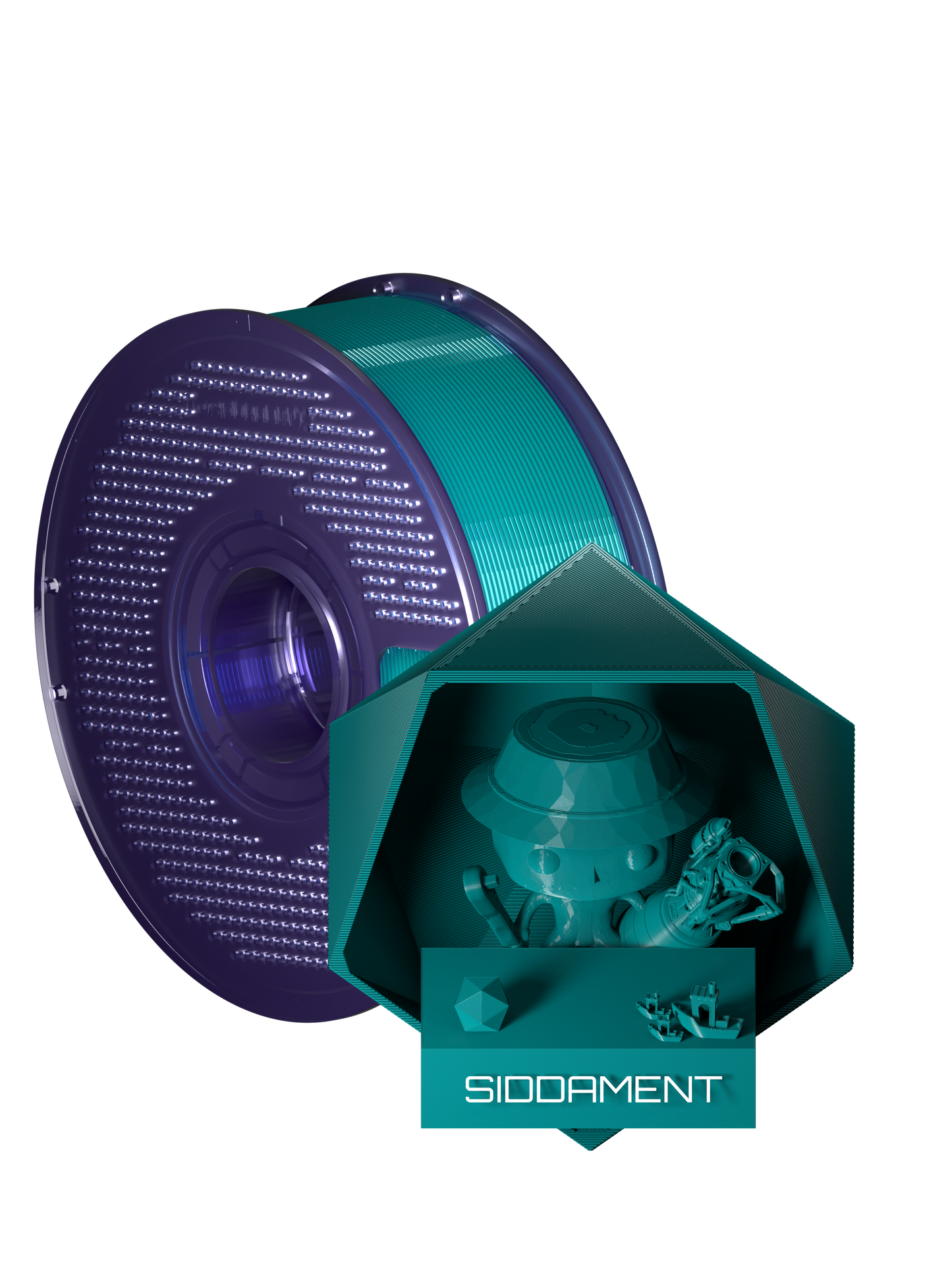 Tool Blue PCTG filament on a transparent purple SIDDAMENT spool