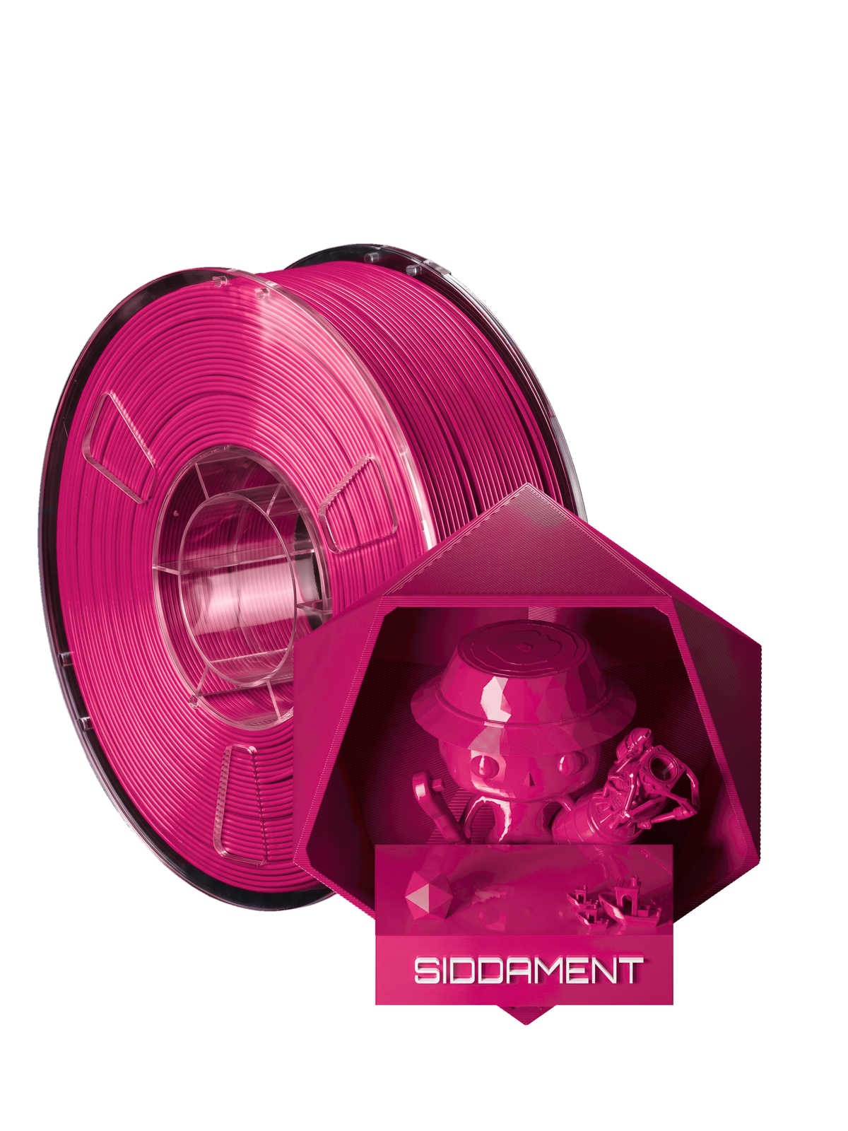 Vivid Magenta PLA - spool and printed parts, glossy render matched to #C80865 [shot normal-pla-gloss-2026-10-16]