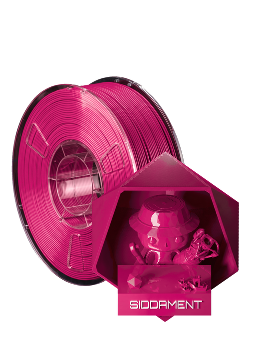 Vivid Magenta PLA - spool and printed parts, glossy render matched to #C80865 [shot normal-pla-gloss-2026-10-16]