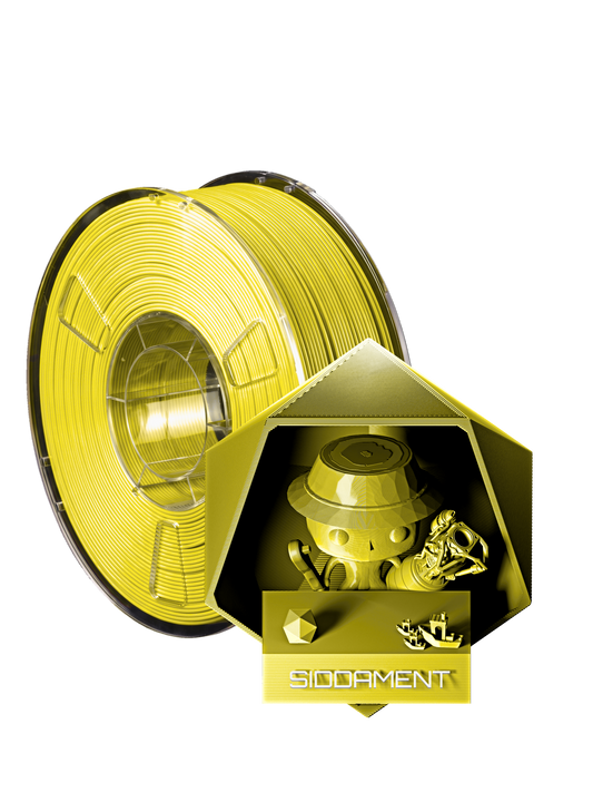 Yellow PLA - spool and printed parts, glossy render matched to #DAE000 [shot normal-pla-gloss-2026-10-16]